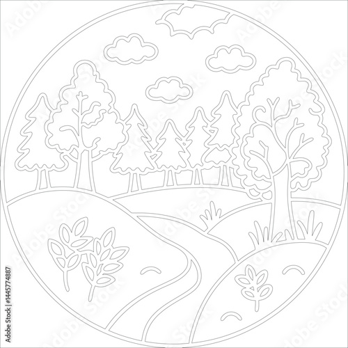 Hand-drawn vector landscape for coloring book layered illustration design