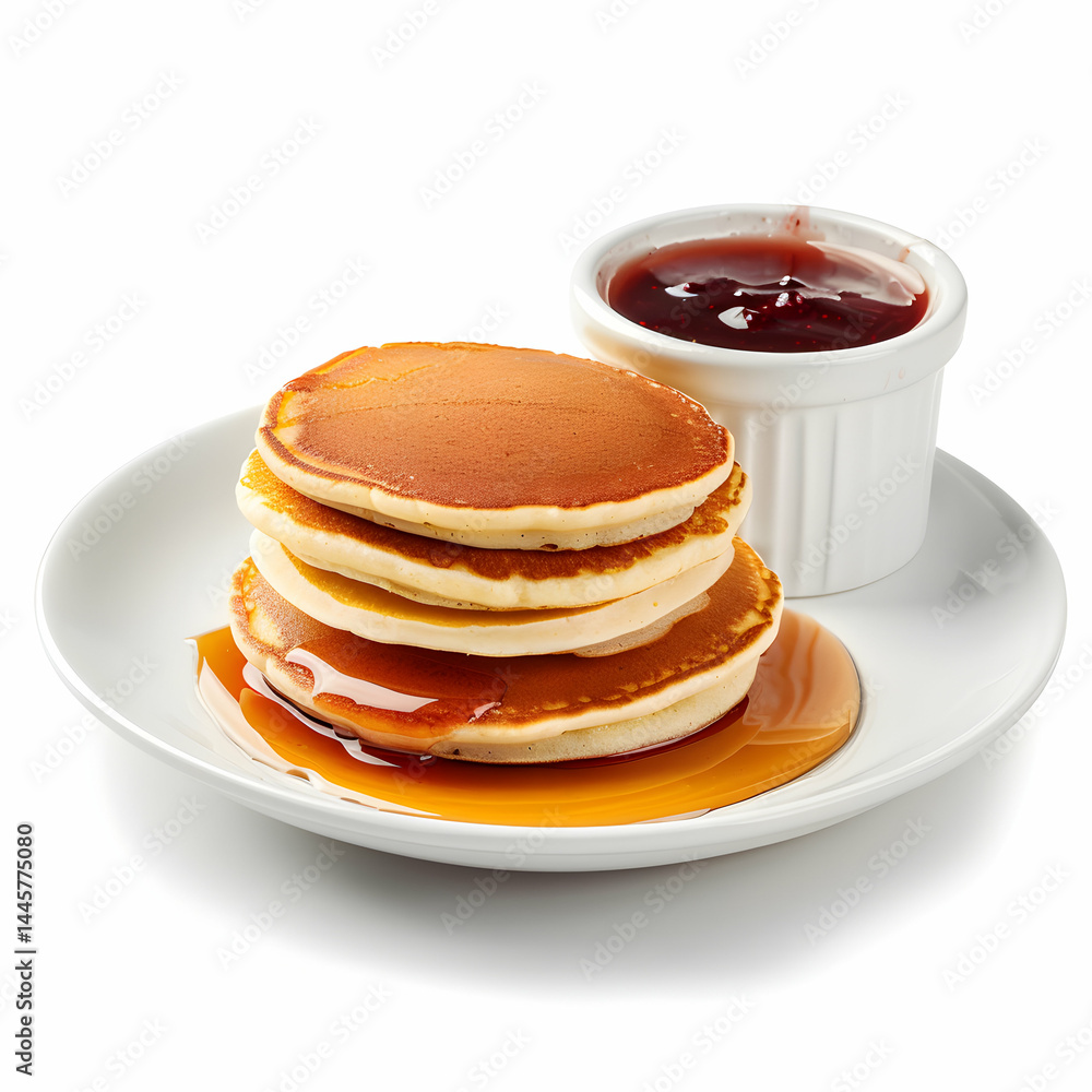 Delicious Stack of Pancakes with Syrup and Jam on White Plate Delicious Stack of Pancakes with Syrup and Jam on White Plate