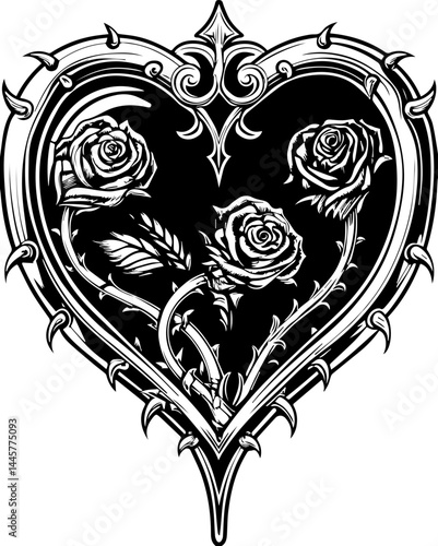 Decorative gothic skull with floral dark fantasy style in SVG vector.Black and White Illustration of Heart with Roses and Thorns Design