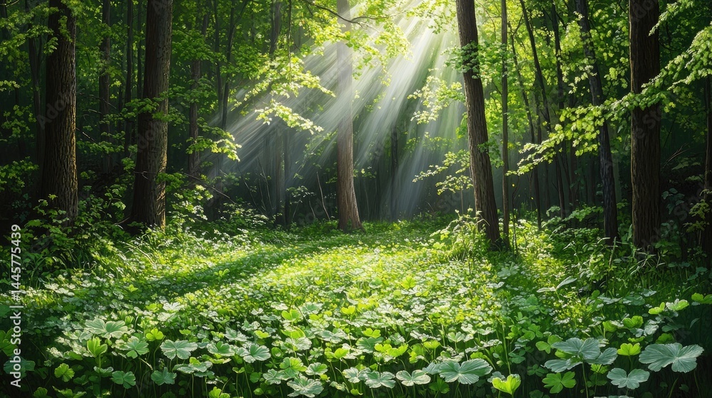 Obraz premium The forest breathes calm as soft light caresses bright green clovers.
