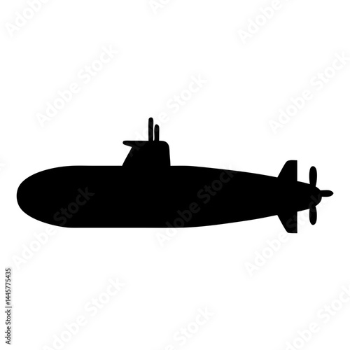 Silhouette of a submarine cruising underwater against a plain white background