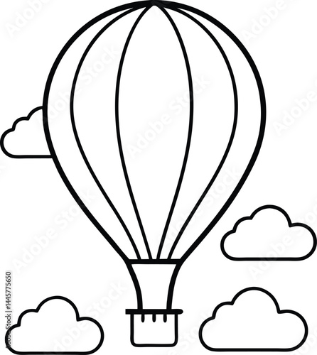 hot air balloon in the clouds represented in a floating scene with peaceful atmospheric beauty sky travel serenity and adventurous spirit in line art illustration