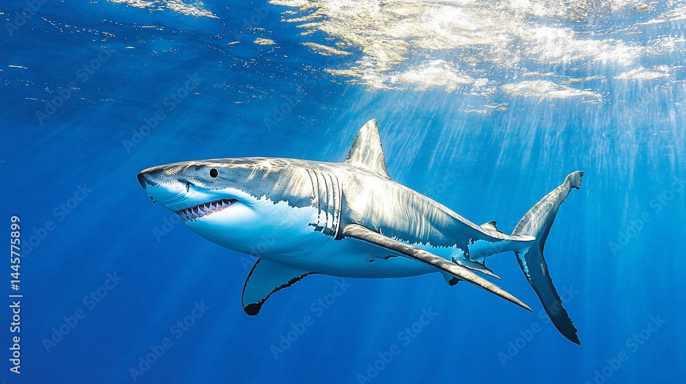 Fototapeta premium Majestic great white shark underwater, sunlit scene (1)