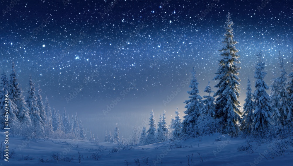 Snow Covered Forest Under a Starry Night Sky Snow Covered Forest Under a Starry Night Sky