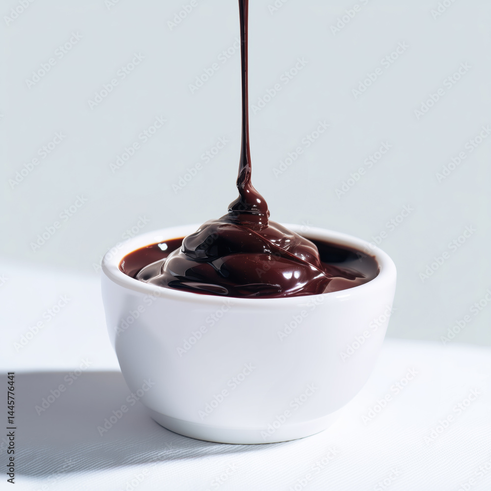 Golden spoon pouring melted chocolate into white bowl Golden spoon pouring melted chocolate into white bowl