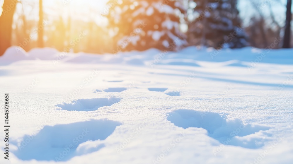 Fototapeta premium Footprints in the fresh snow. Sunlight filters through the trees