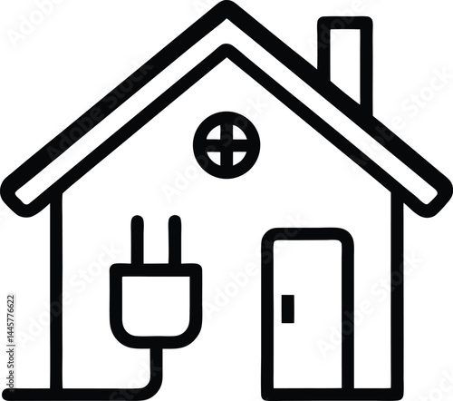 electrified house icon in black line art style symbolizing modern home power connection smart electricity supply energy efficiency and utility infrastructure design