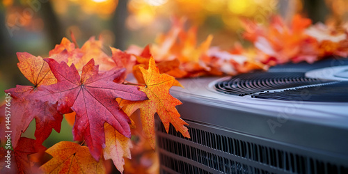 Fototapeta Naklejka Na Ścianę i Meble -  Autumn leaves on air conditioner unit, showcasing seasonal change and HVAC maintenance needs.  Image suggests preparation for cooler weather