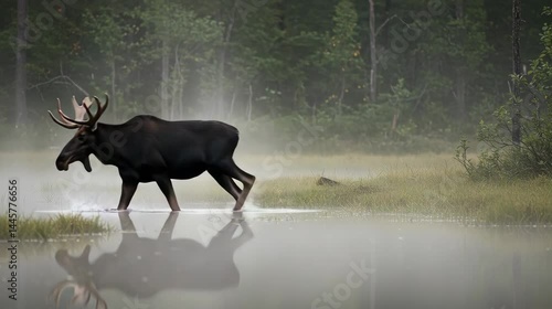 Wallpaper Mural Moose Standing in Fog Over a Still Lake Torontodigital.ca