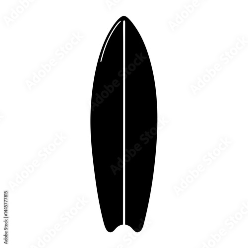 Minimalist black and white illustration of a sleek surfboard on a white background