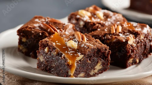 Wallpaper Mural Close-up of four homemade chocolate brownies with walnuts, caramel sauce drizzle, and a sprinkle of coarse sea salt on a white plate Torontodigital.ca