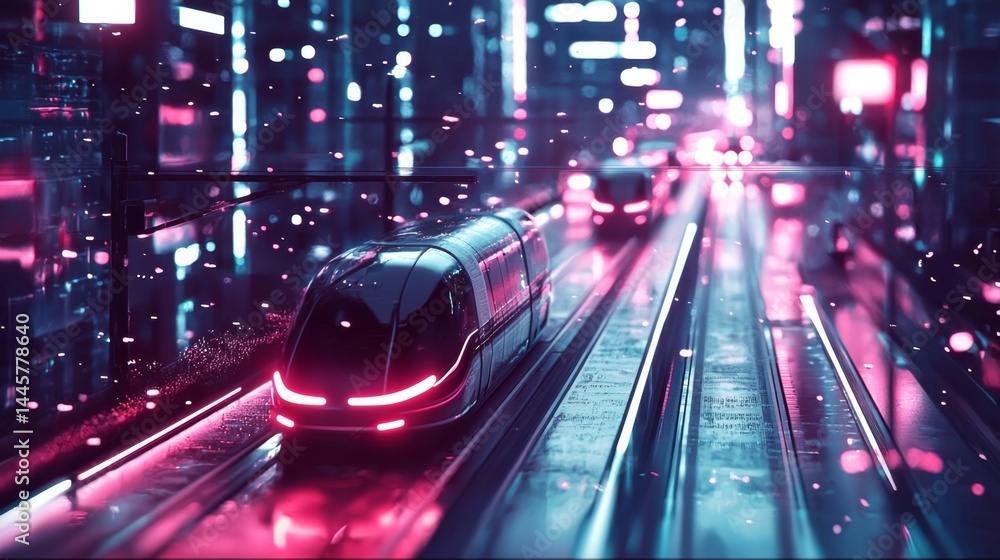 Fototapeta premium The night skyline comes alive with glowing hues and advanced vehicle designs.
