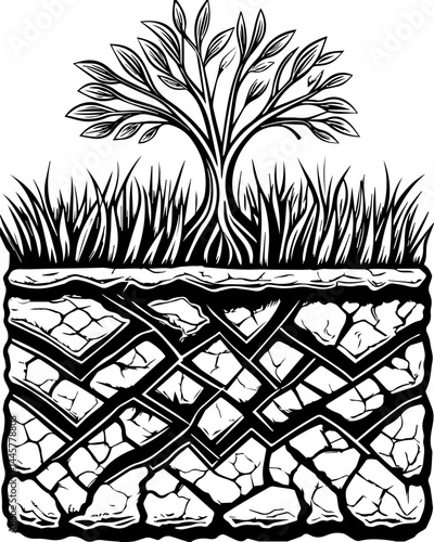Haunting dark fantasy skull fillers in SVG vector style. Detailed Illustration of a Tree Root System in Soil Layers