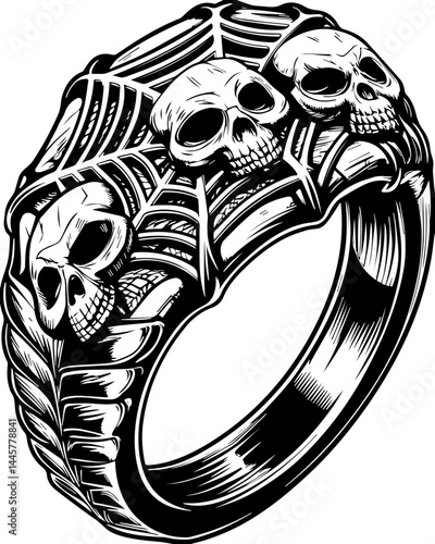 Haunting dark fantasy skull fillers in SVG vector style. Gothic Skull Ring with Spider Web Design in Black and White Art