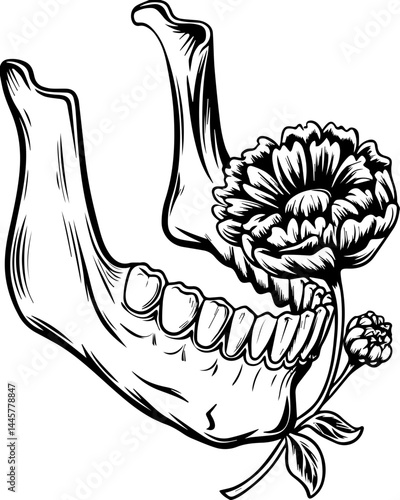 Haunting dark fantasy skull fillers in SVG vector style. Artistic Jaw Bone with Flower Illustration for Creative Design