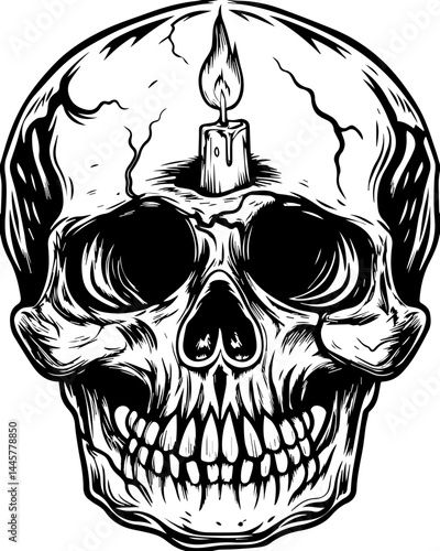 Haunting dark fantasy skull fillers in SVG vector style. Skull with Candle on Top, Vintage Style Black and White Illustration