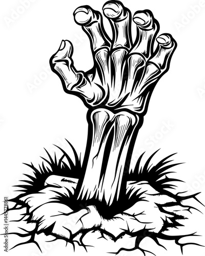 Haunting dark fantasy skull fillers in SVG vector style. Creepy Hand Emerging from Grave with Grass and Cracked Soil