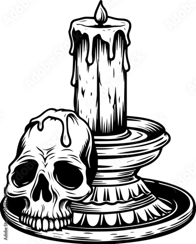 Haunting dark fantasy skull fillers in SVG vector style. Skull and Candle in Vintage Style Illustration for Halloween Theme