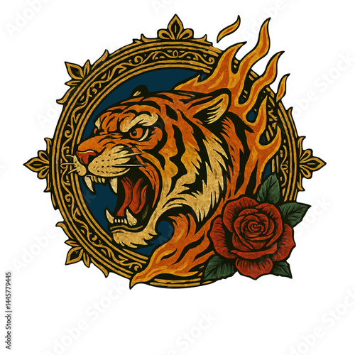 Wild animal themed illustration design with gold and fire colored ornaments 