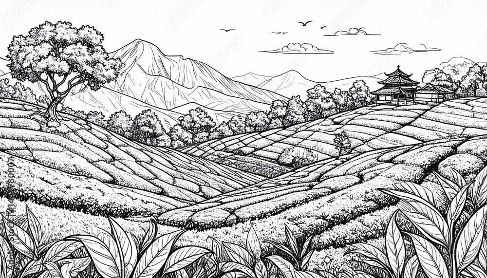 Fototapeta premium tea plantation landscape in graphic style, hand-drawn vector illustration.