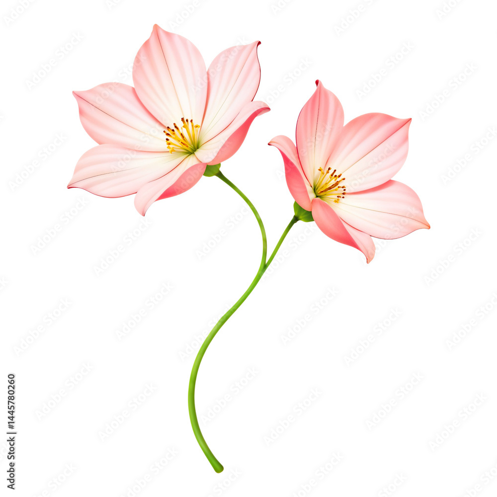 Obraz premium Two pink cosmos flowers with pink pistils and green stem on white background