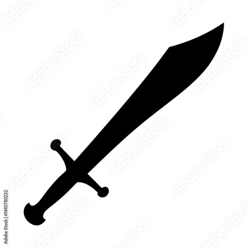 Stylized black silhouette of a broad bladed sword with guard and pommel