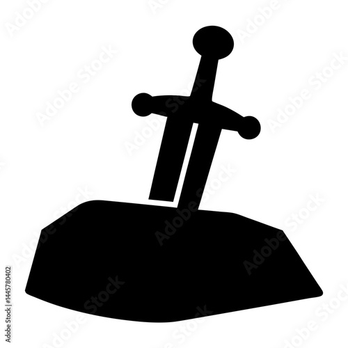 A bold, black silhouette of the legendary sword Excalibur in a stone