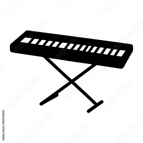 Monochrome Illustration of a Keyboard Synthesizer on a Metal Stand, angled Perspective