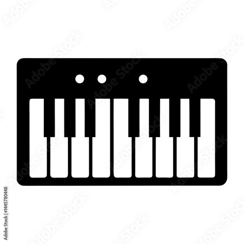 Black silhouette keyboard instrument illustration with three white circular buttons above it