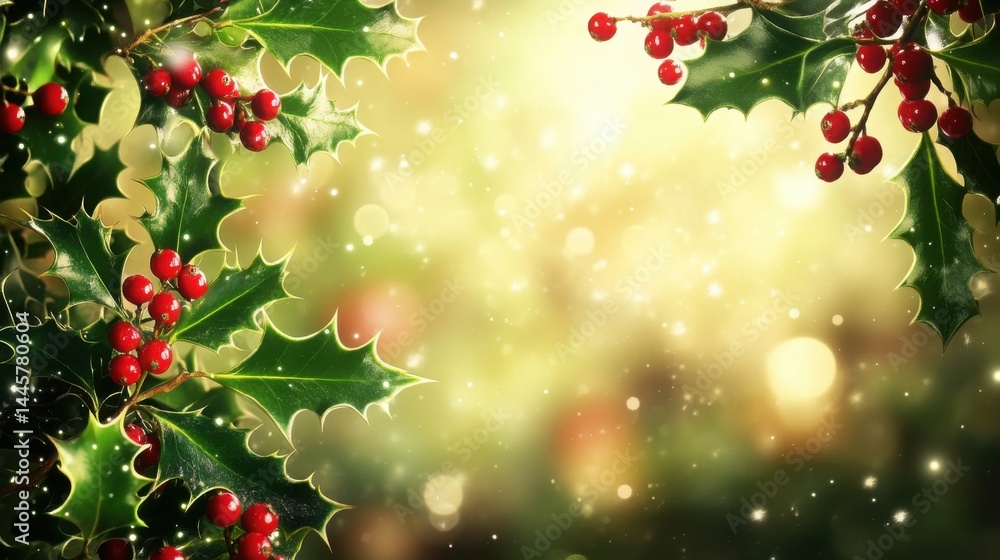 Fototapeta premium Christmas presentation image with a clean background and a decorative border of holly, berries, and evergreen leaves