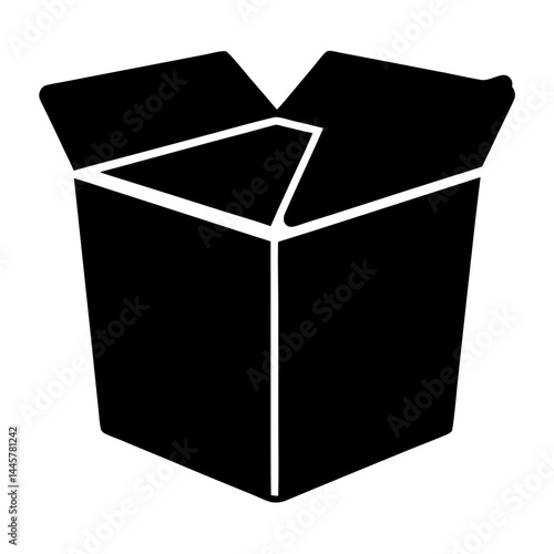 Monochrome image of a takeout container, open and empty, standing tall
