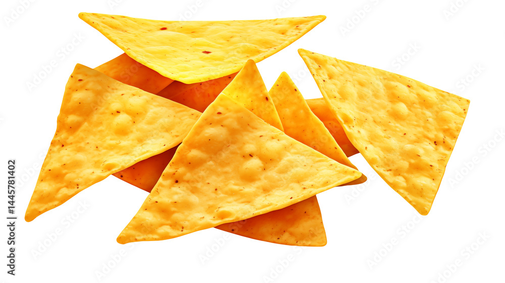 A close up view of a pile of golden triangle shaped tortilla chips against a black background A close up view of a pile of golden triangle shaped tortilla chips against a black background
