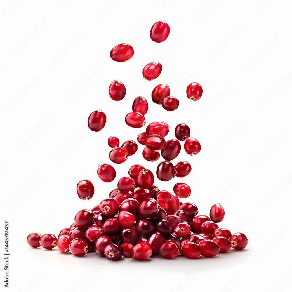 Fresh Red Cranberries Falling from Above on White Background Fresh Red Cranberries Falling from Above on White Background