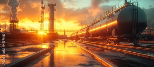 Sunset over an expansive petrochemical refinery complex with a vast network of interlacing pipelines storage tanks and other industrial infrastructure  This image represents the production processing