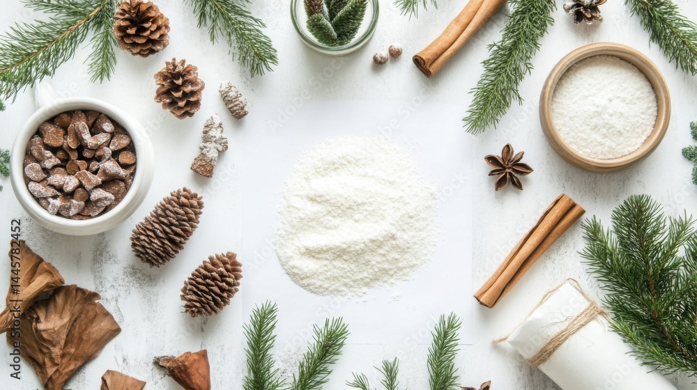 Obraz premium Christmas-themed flat lay with wrapped gifts, pinecones, and green branches arranged around a blank white presentation area.