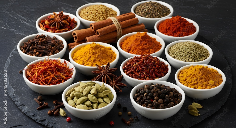 Assorted Spices in Ceramic Bowls on Slate Background Assorted Spices in Ceramic Bowls on Slate Background