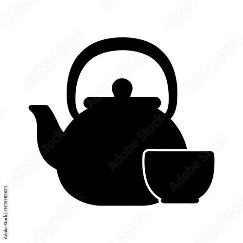 Black silhouette illustration of a teapot pouring into a cup, on white