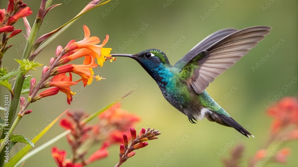 Fototapeta premium a humming bird sucking nectar from a flower