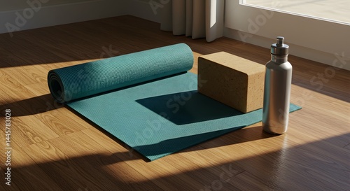 Yoga Mat with Cork Block and Water Bottle on Wooden Floor