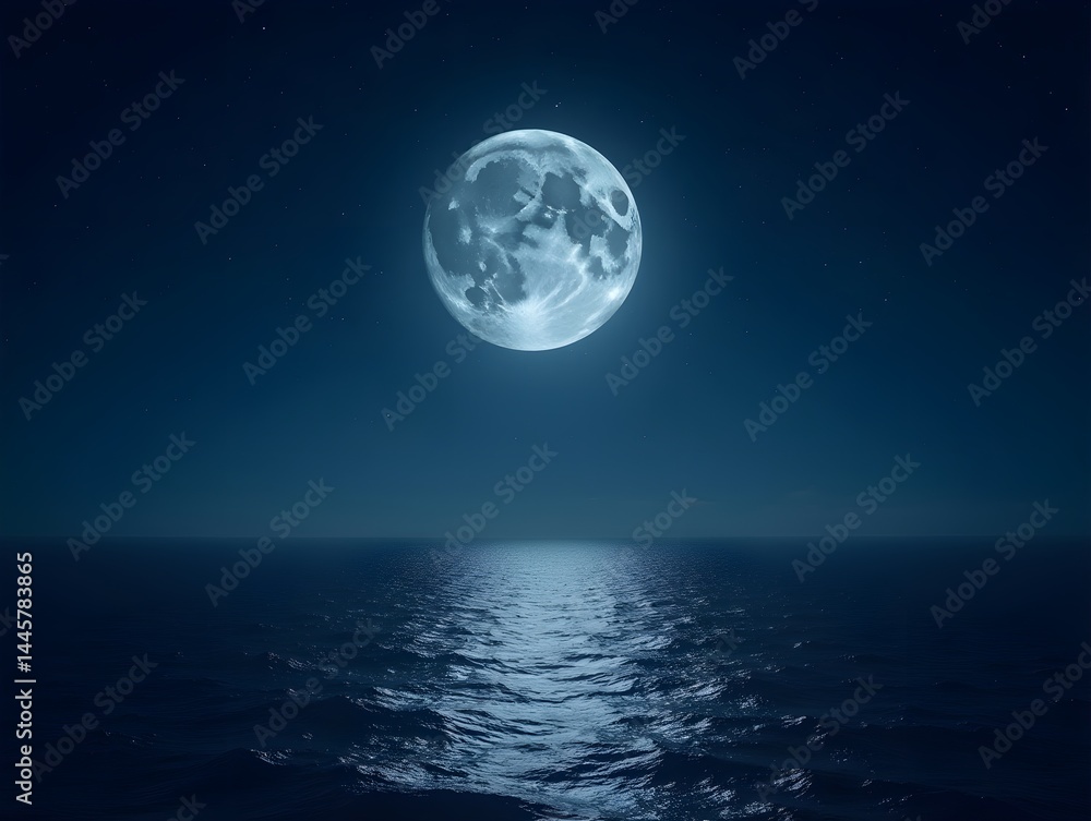 Fototapeta premium Retro night sky, full moon over ocean horizon, starry celestial landscape