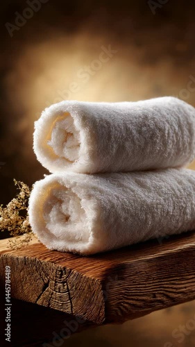 Clean white rolled towels neatly stacked on a rustic wooden shelf with small dried flowers and a neutral background