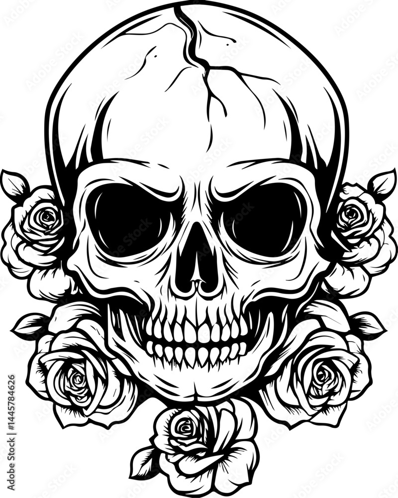 Fototapeta premium SVG design featuring a fusion of skull and floral elements in a striking artistic blend. Skull with Thorny Crown in Vintage Style for Dark Art and Design