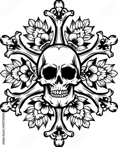 SVG design featuring a fusion of skull and floral elements in a striking artistic blend. Intricate Skull Illustration with Floral Elements and Horns