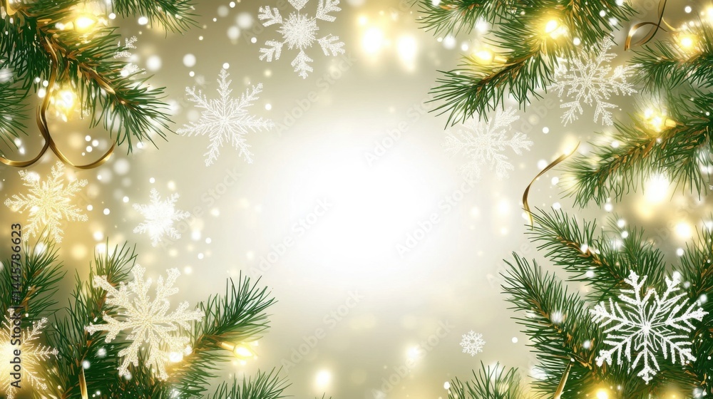 Festive Christmas background with soft glowing lights, snowflakes, and evergreen branches framing a clean white center for text. Festive Christmas background with soft glowing lights, snowflakes, and evergreen branches framing a clean white center for text.