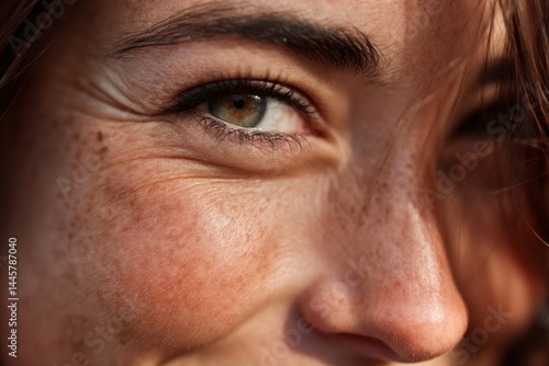 A close-up portrait of a woman's eye and freckled face, a moment of natural beauty.