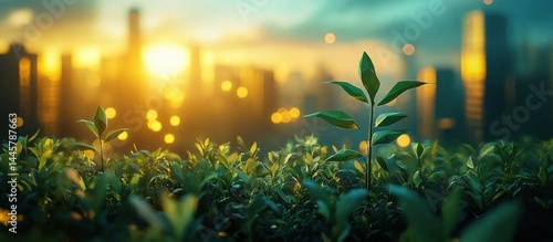 Lush green foliage leaves and plants growing against a backdrop of a glowing golden sky during sunrise or sunset with the silhouette of a city skyline visible in the distance  Peaceful serene