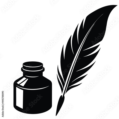 Isolated Black Vector writer using elements quill and ink bottle With White Background
