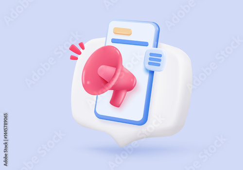 3d megaphone speaker or loudspeaker bullhorn for announce promotion in background, megaphone loud hailer with microphone, speakerphone. 3d icon vector render illustration for alert and announcement