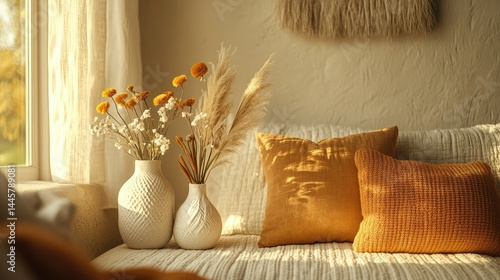 Warm autumnal living room vignette.  Dried flowers and earthy tones create a cozy ambiance