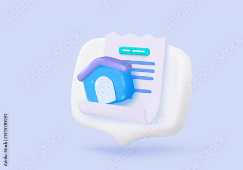 3D bill icon for payment transaction with notice. paper receipt real estate for personal loan. mortgage housing to money, rental property of financial. 3d residence icon vector render illustration